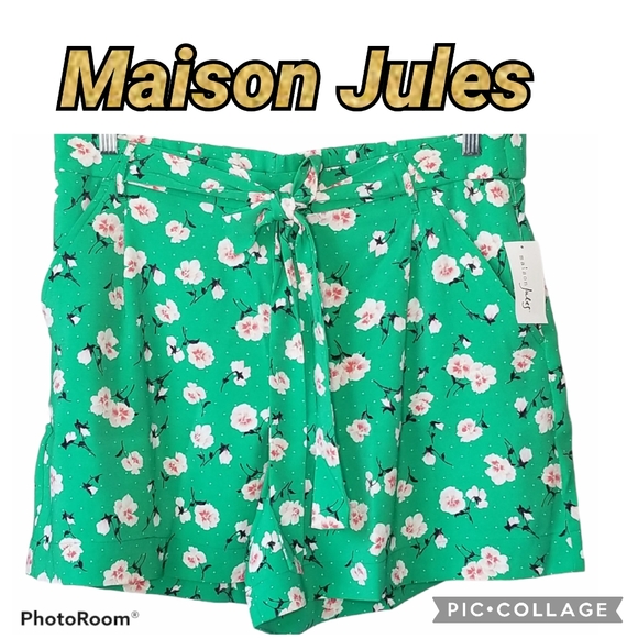 SHORTS MAISON JULES Cute Green Floral Print Tie Belt Pockets Sz XXL NWT - Picture 1 of 15